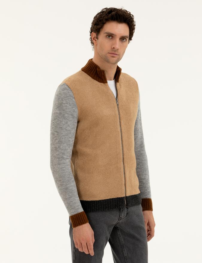 Camel Regular Fit Tam Fermuarlı Triko Hırka