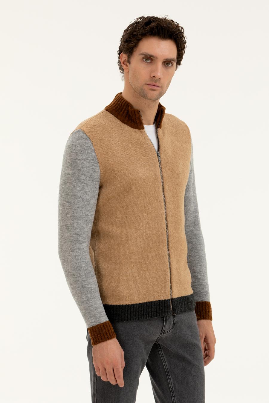 Camel Regular Fit Tam Fermuarlı Triko Hırka - 50277074037