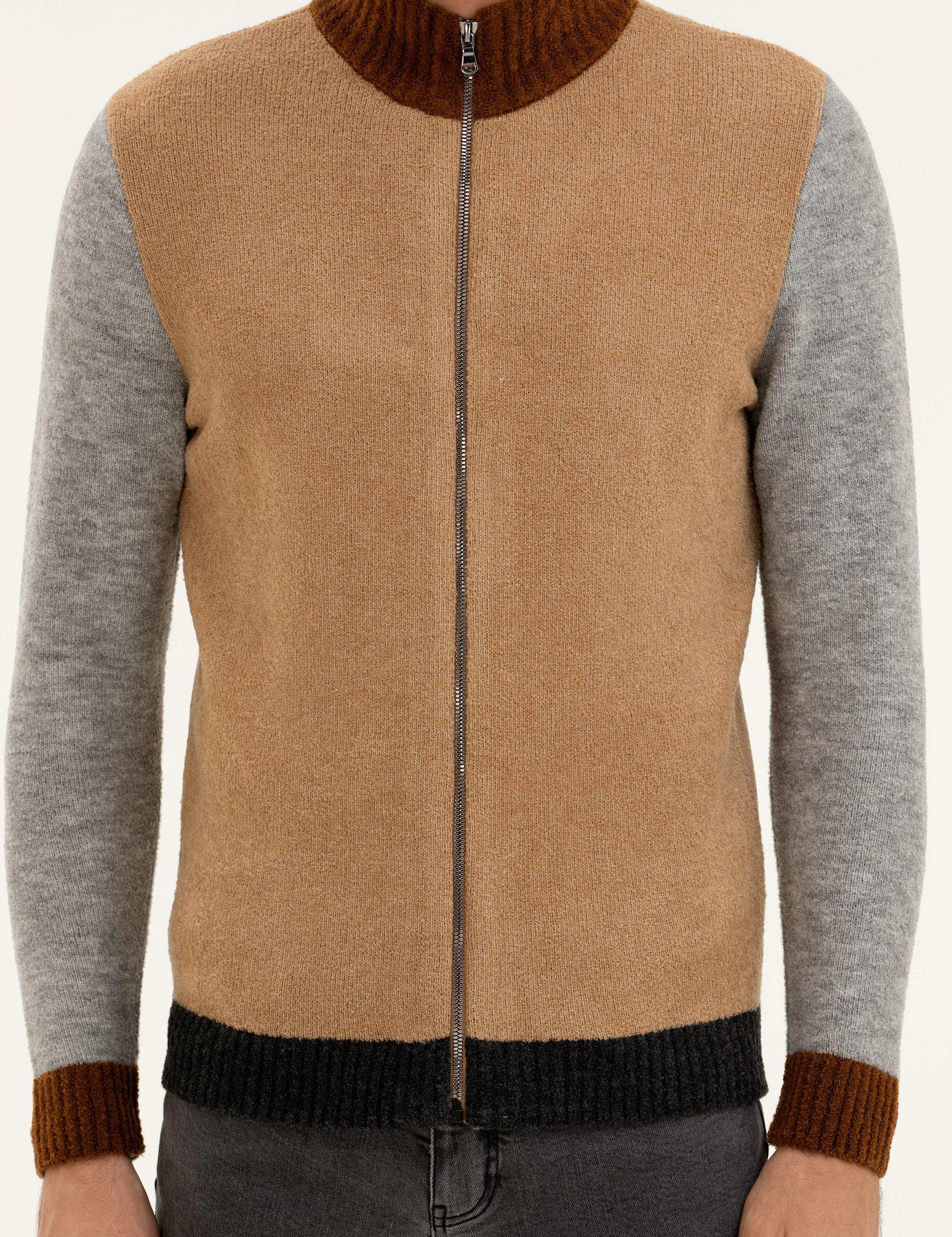 Camel Regular Fit Tam Fermuarlı Triko Hırka - 50277074037