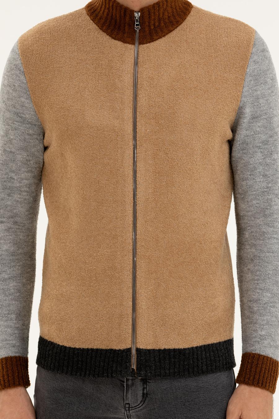 Camel Regular Fit Tam Fermuarlı Triko Hırka - 50277074037