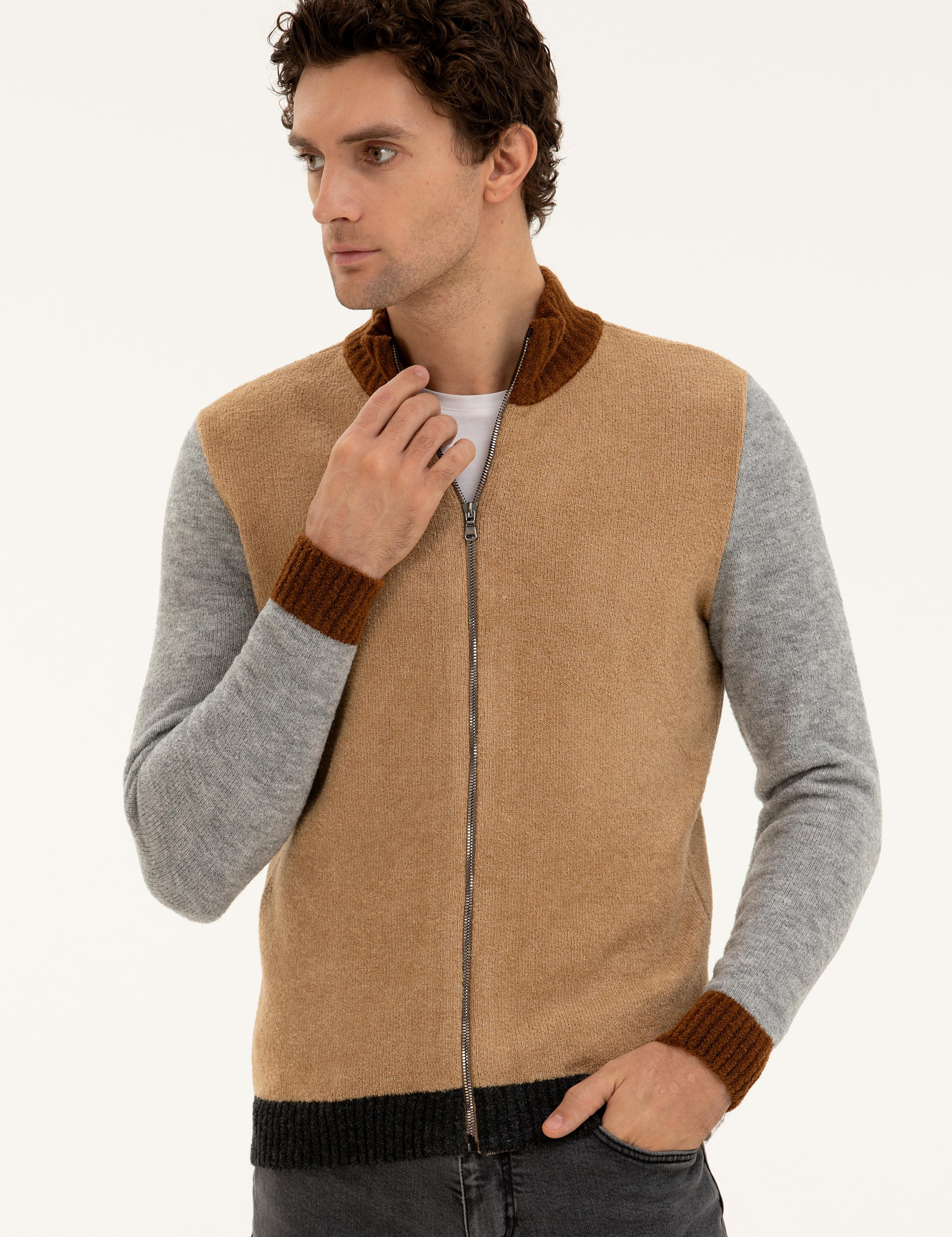 Camel Regular Fit Tam Fermuarlı Triko Hırka - 50277074037