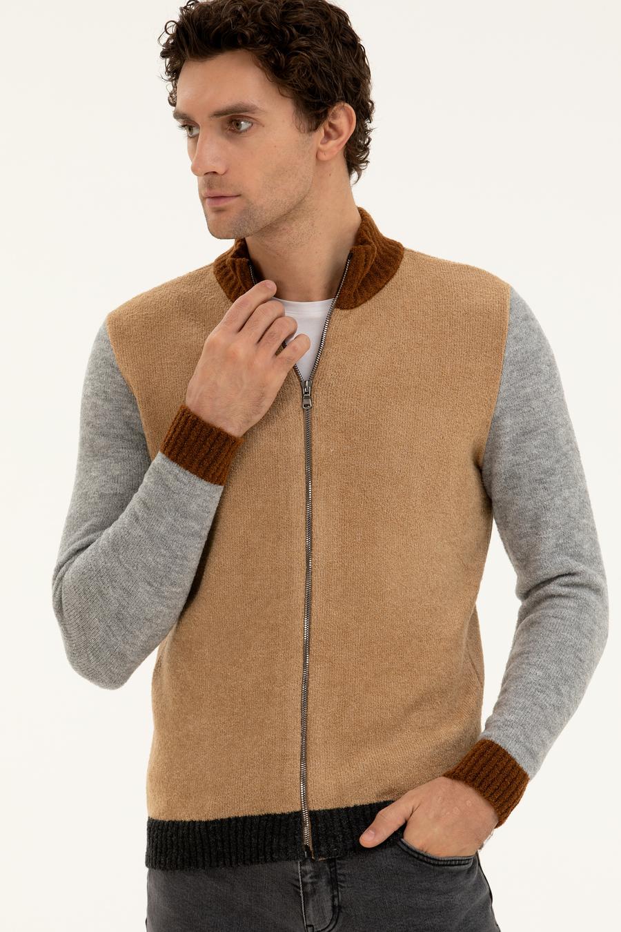 Camel Regular Fit Tam Fermuarlı Triko Hırka - 50277074037