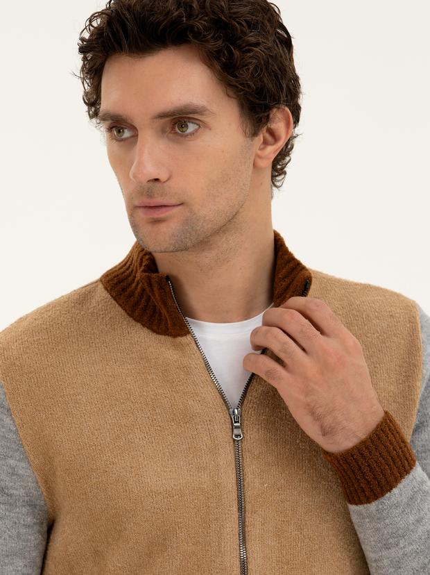 Camel Regular Fit Tam Fermuarlı Triko Hırka