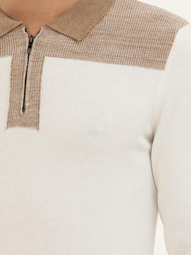 Ekru Slim Fit Pamuk Karışımlı Fermuarlı Polo Yaka Triko Kazak