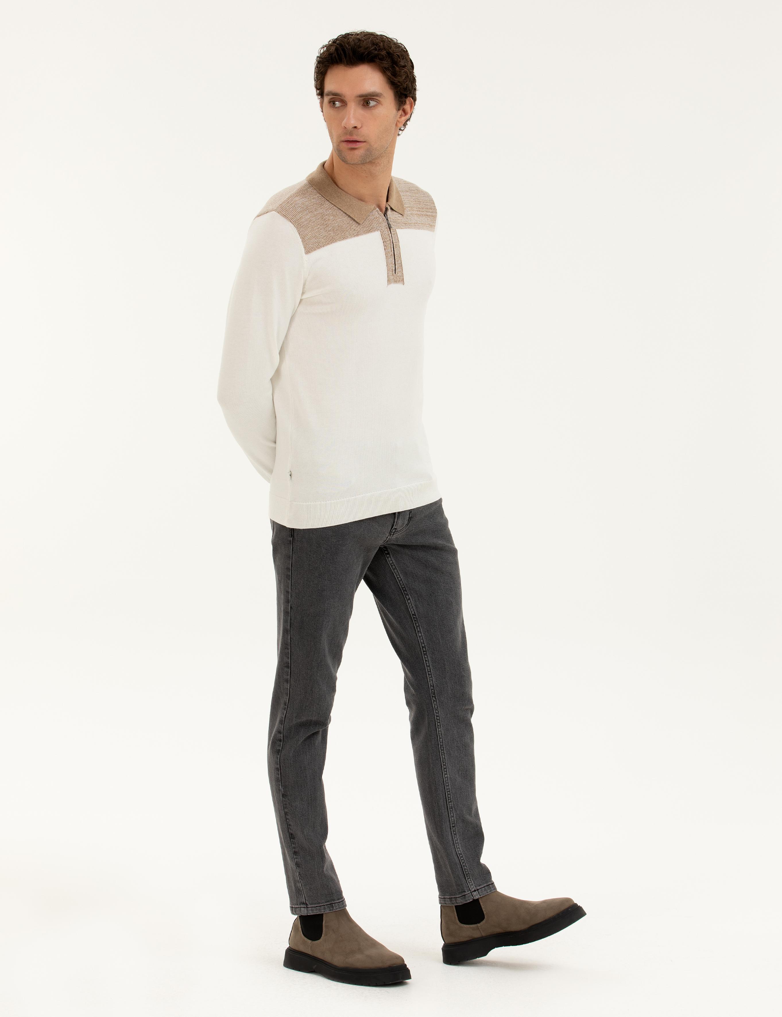 Ekru Slim Fit Pamuk Karışımlı Fermuarlı Polo Yaka Triko Kazak - 50272658193
