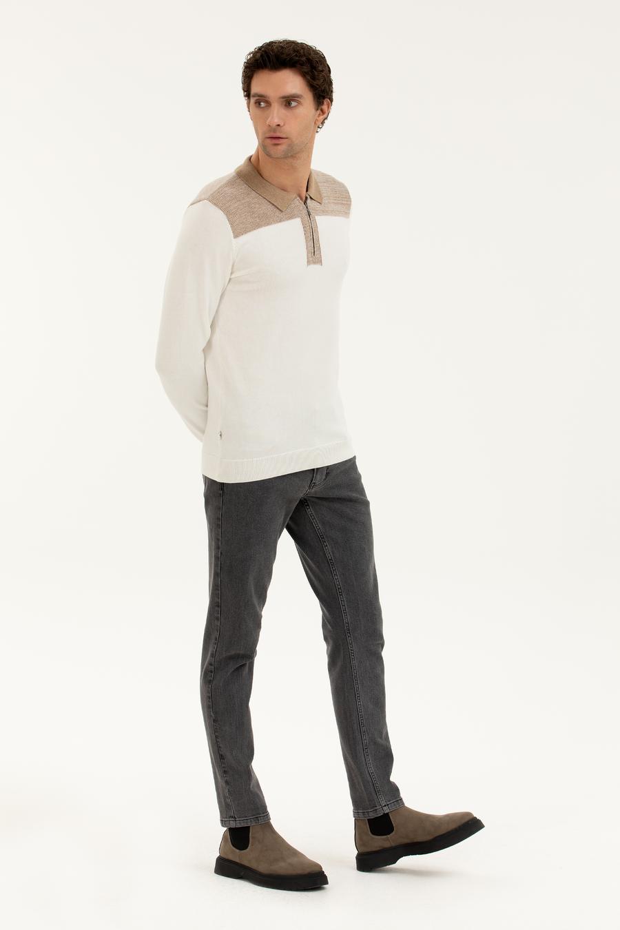 Ekru Slim Fit Pamuk Karışımlı Fermuarlı Polo Yaka Triko Kazak - 50272658193
