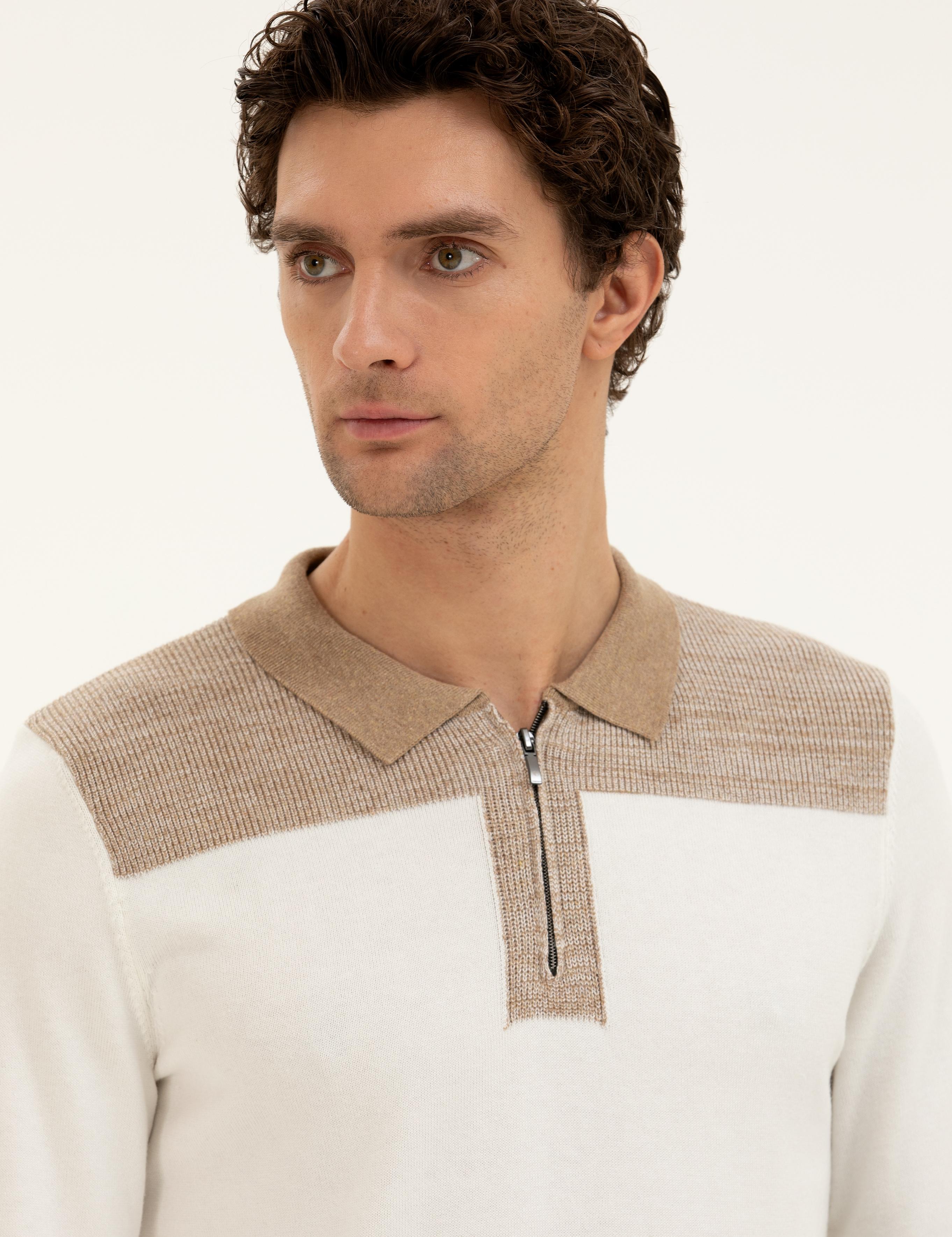 Ekru Slim Fit Pamuk Karışımlı Fermuarlı Polo Yaka Triko Kazak - 50272658193