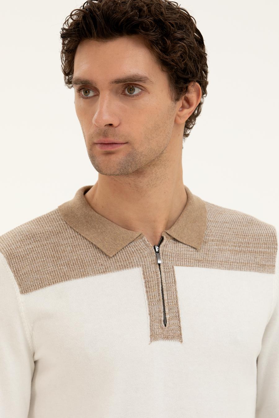 Ekru Slim Fit Pamuk Karışımlı Fermuarlı Polo Yaka Triko Kazak - 50272658193