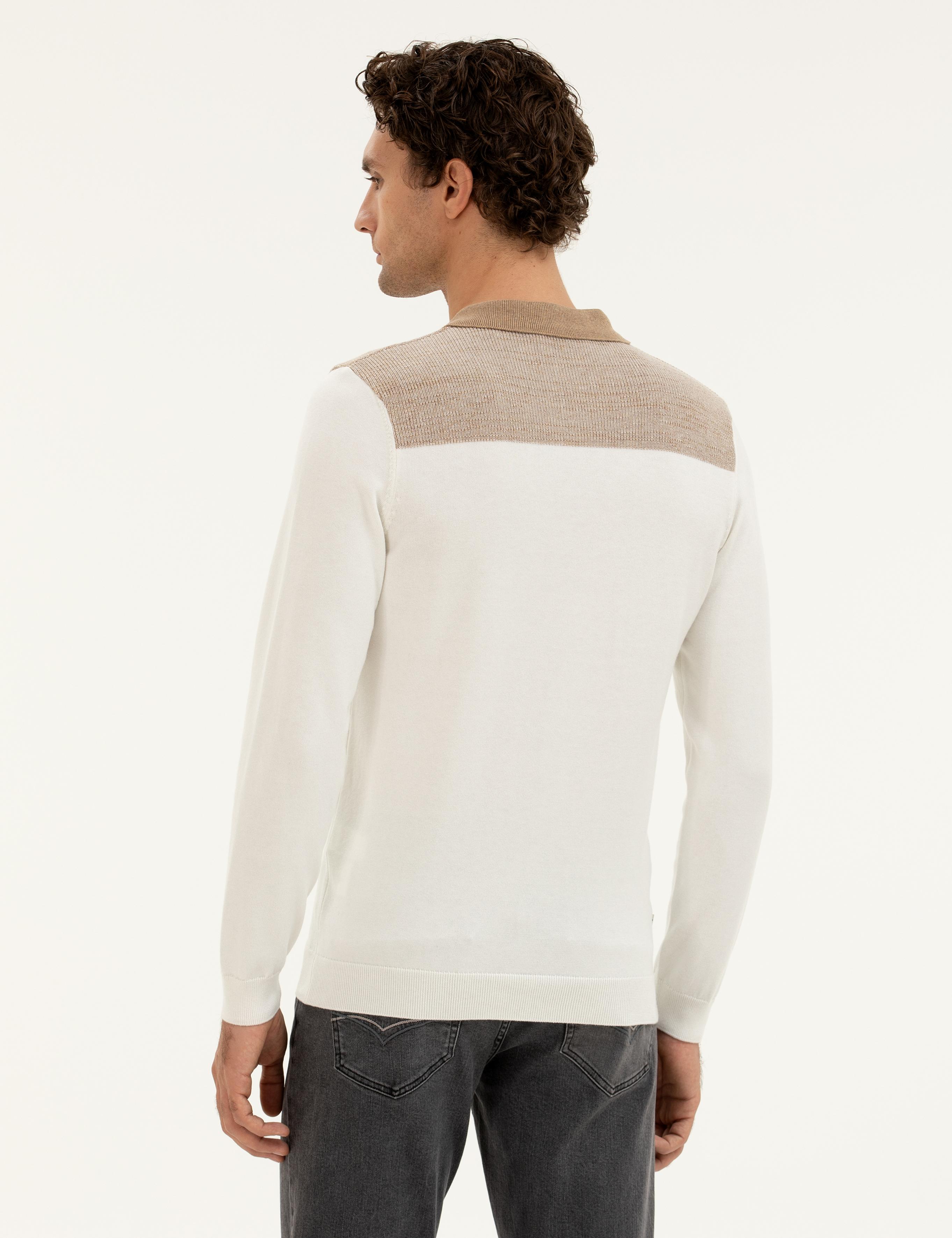 Ekru Slim Fit Pamuk Karışımlı Fermuarlı Polo Yaka Triko Kazak - 50272658193