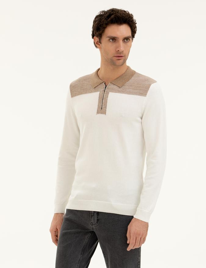 Ekru Slim Fit Pamuk Karışımlı Fermuarlı Polo Yaka Triko Kazak