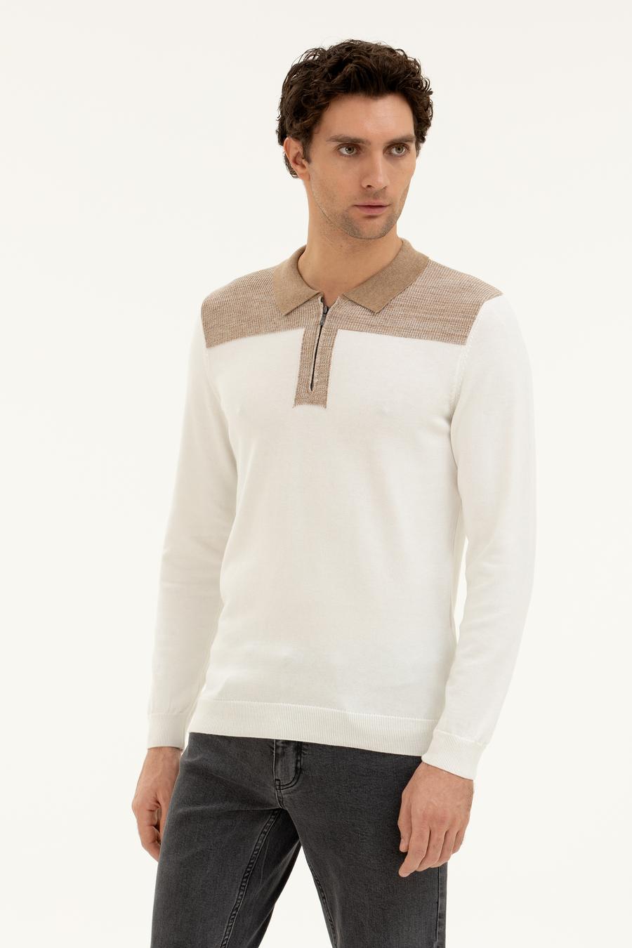 Ekru Slim Fit Pamuk Karışımlı Fermuarlı Polo Yaka Triko Kazak - 50272658193