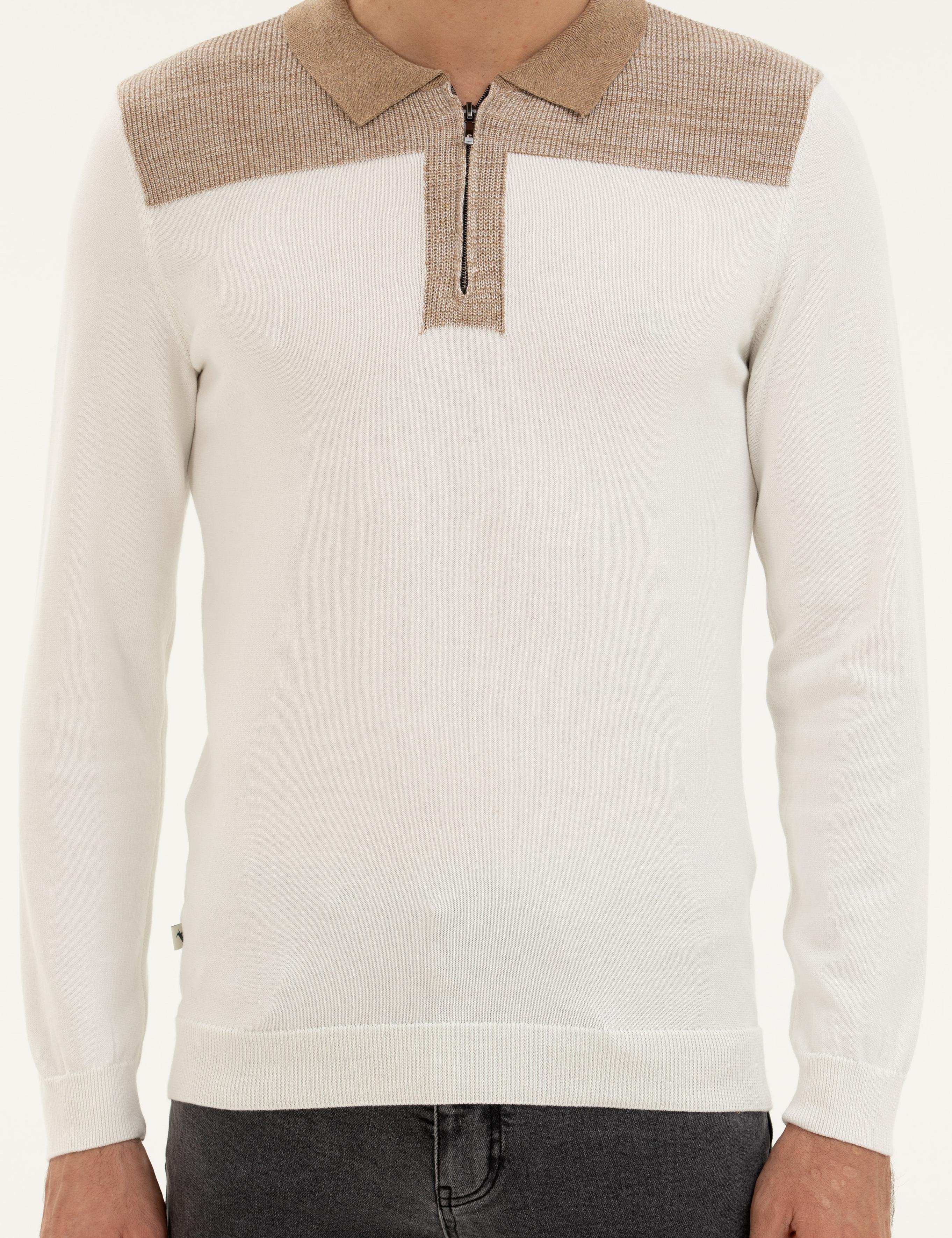 Ekru Slim Fit Pamuk Karışımlı Fermuarlı Polo Yaka Triko Kazak - 50272658193