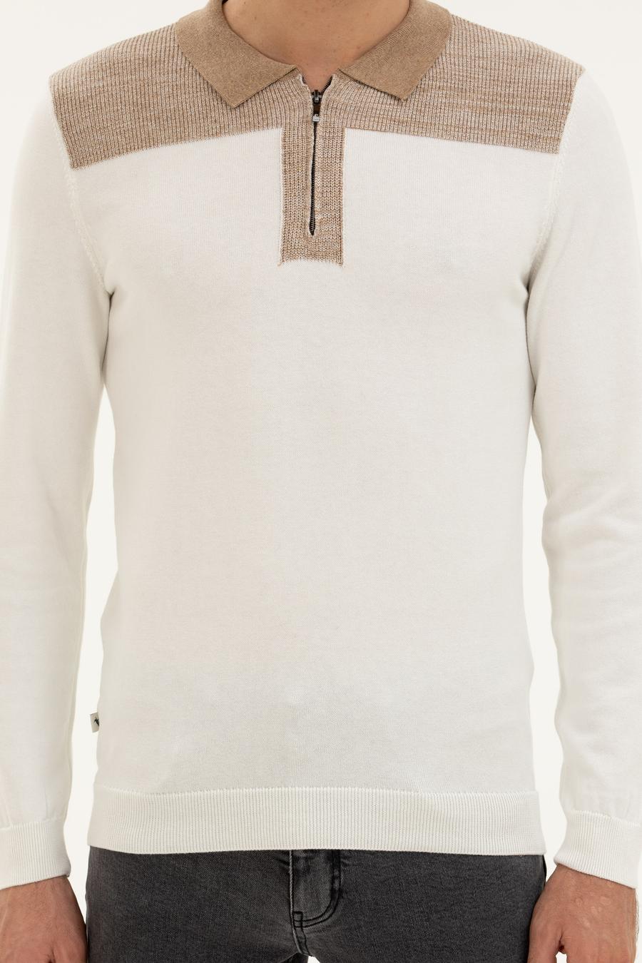 Ekru Slim Fit Pamuk Karışımlı Fermuarlı Polo Yaka Triko Kazak - 50272658193