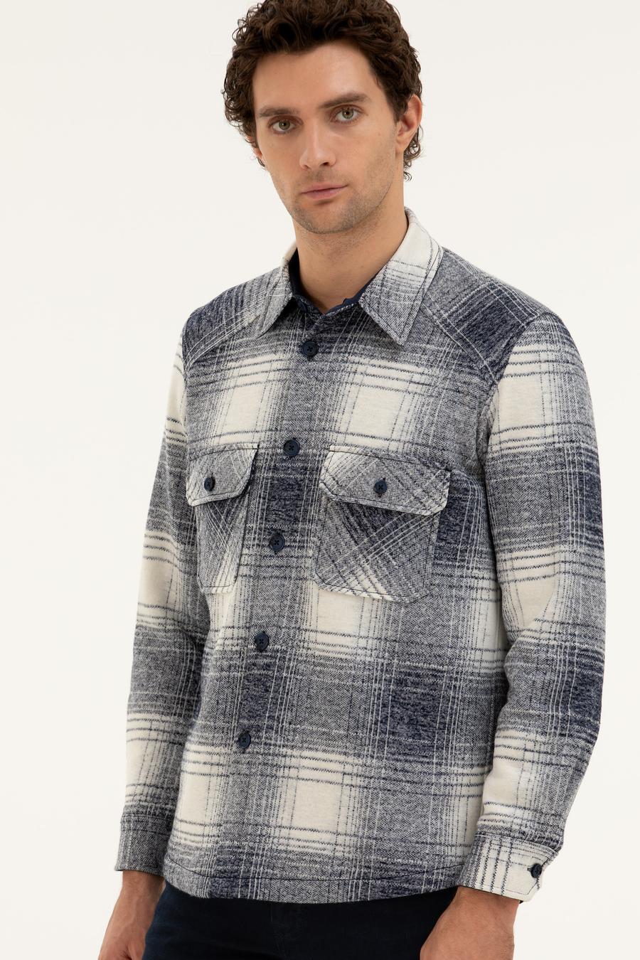 Lacivert Yün Karışımlı Ekose Overshirt Gömlek - 50277998037