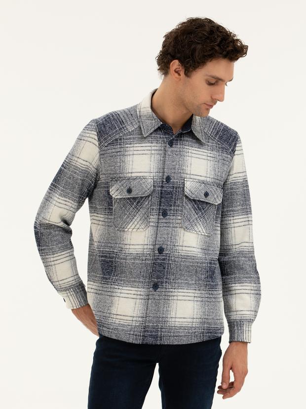 Lacivert Yün Karışımlı Ekose Overshirt Gömlek