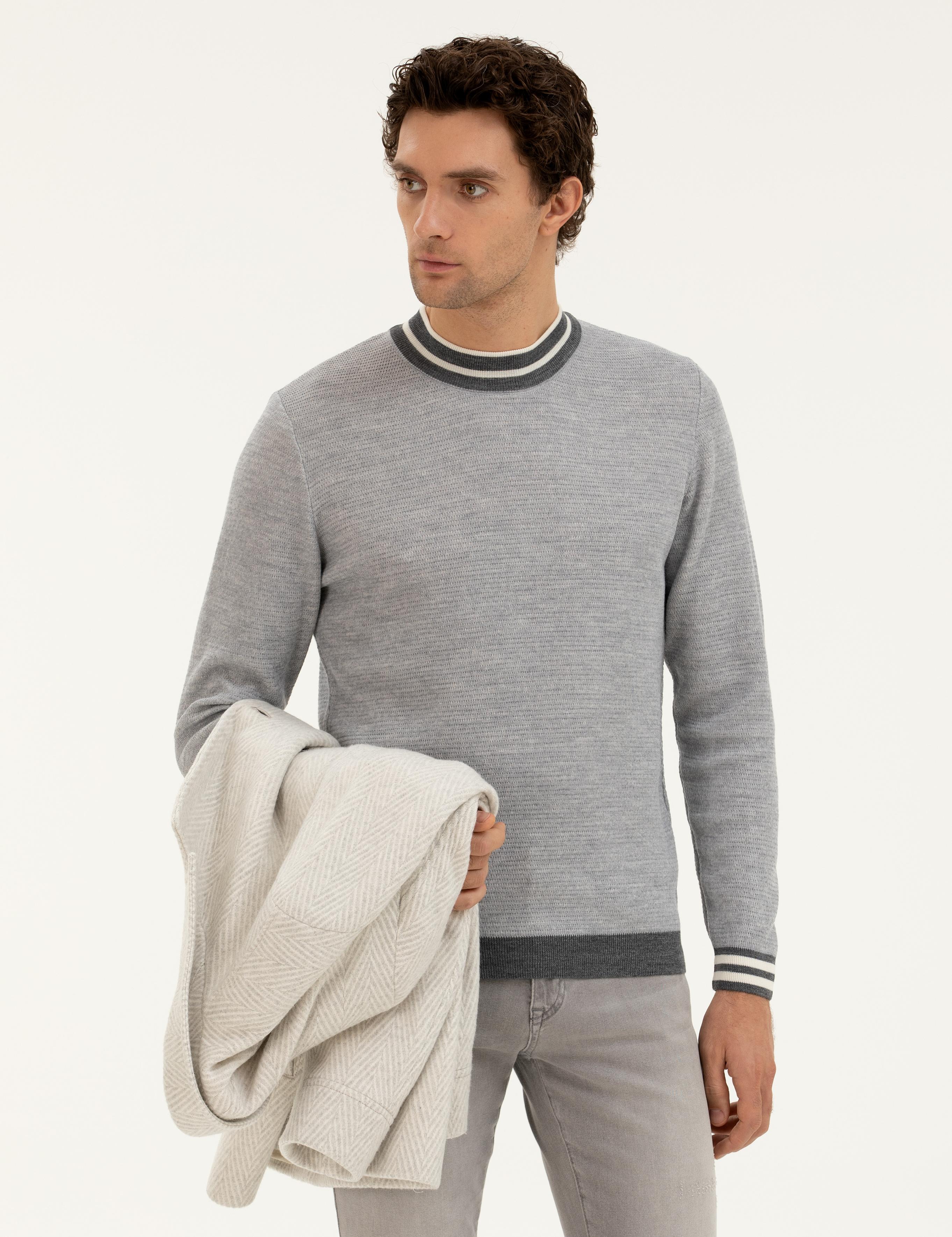 Açık Gri Slim Fit Yün Karışımlı Çeyrek Balıkçı Yaka Triko Kazak - 50271634179