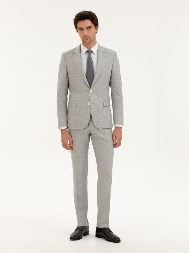 Açık Gri Slim Fit Kareli Takım Elbise