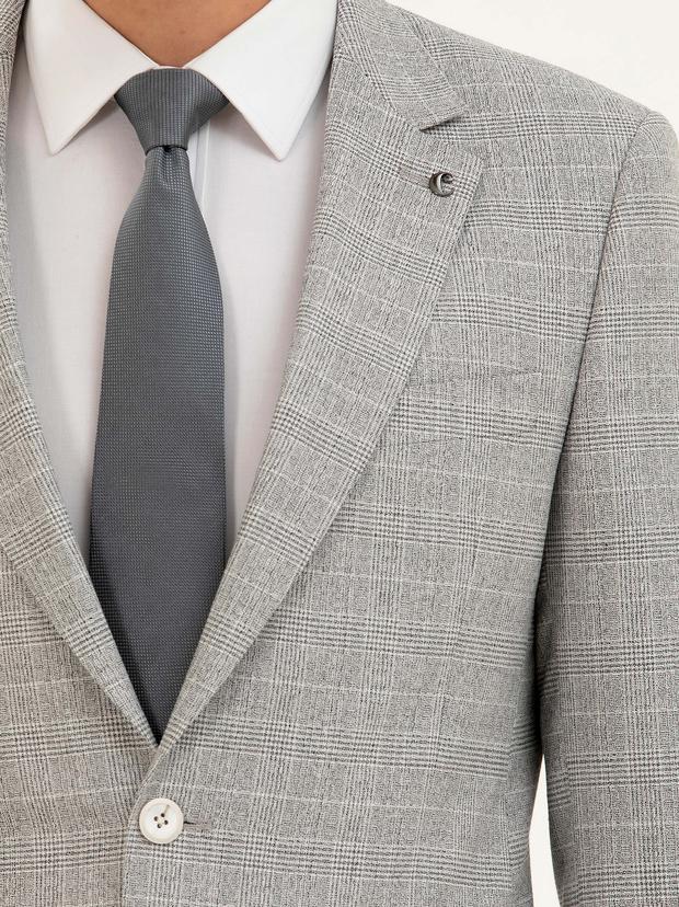 Açık Gri Slim Fit Kareli Takım Elbise