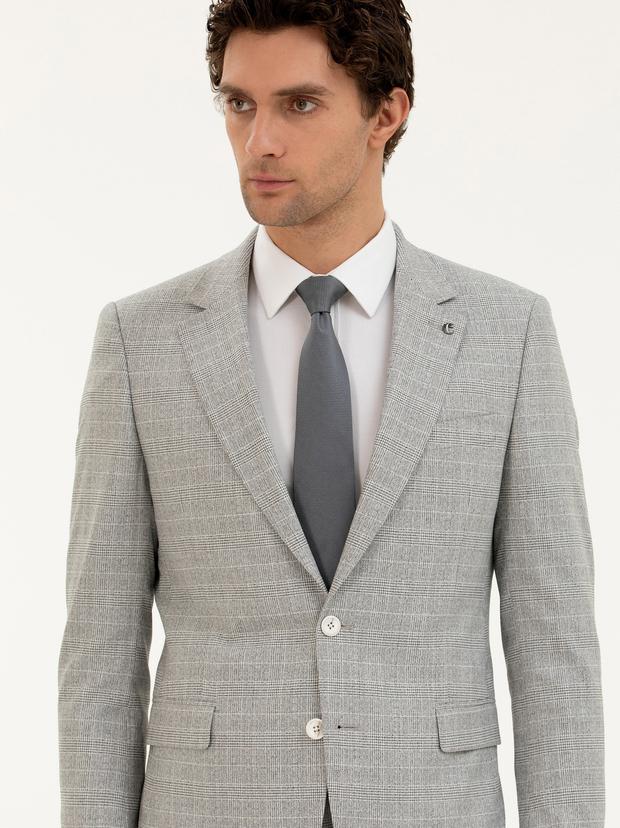 Açık Gri Slim Fit Kareli Takım Elbise