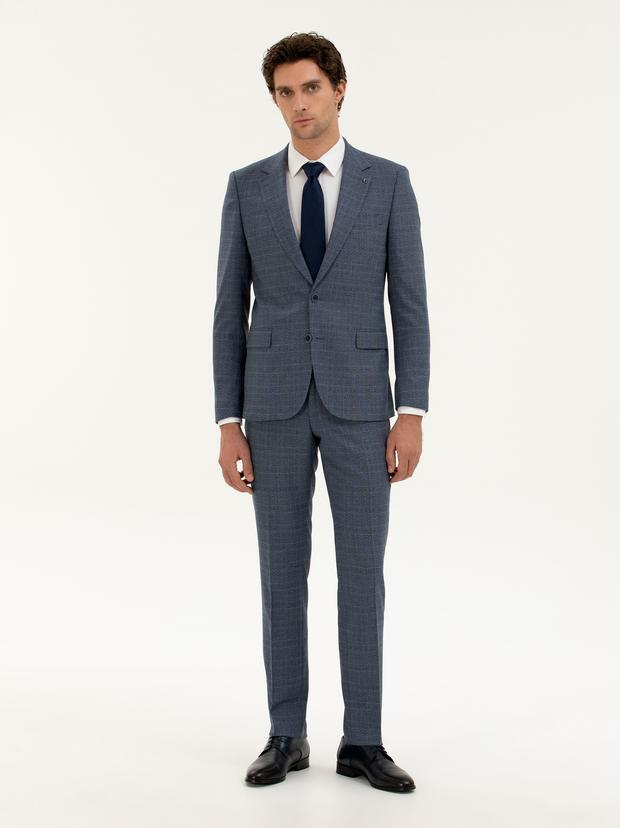 Mavi Slim Fit Ekose Takım Elbise