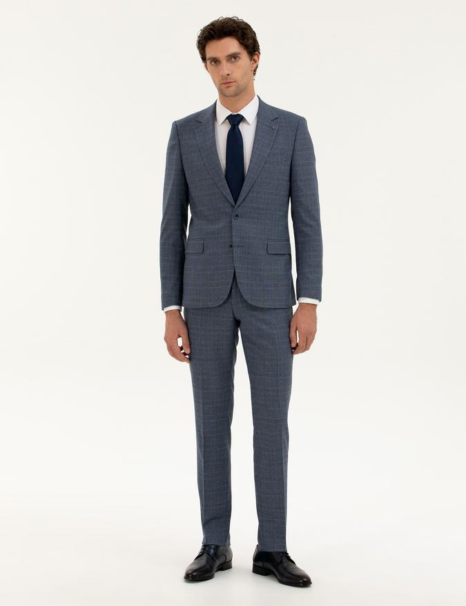 Mavi Slim Fit Ekose Takım Elbise