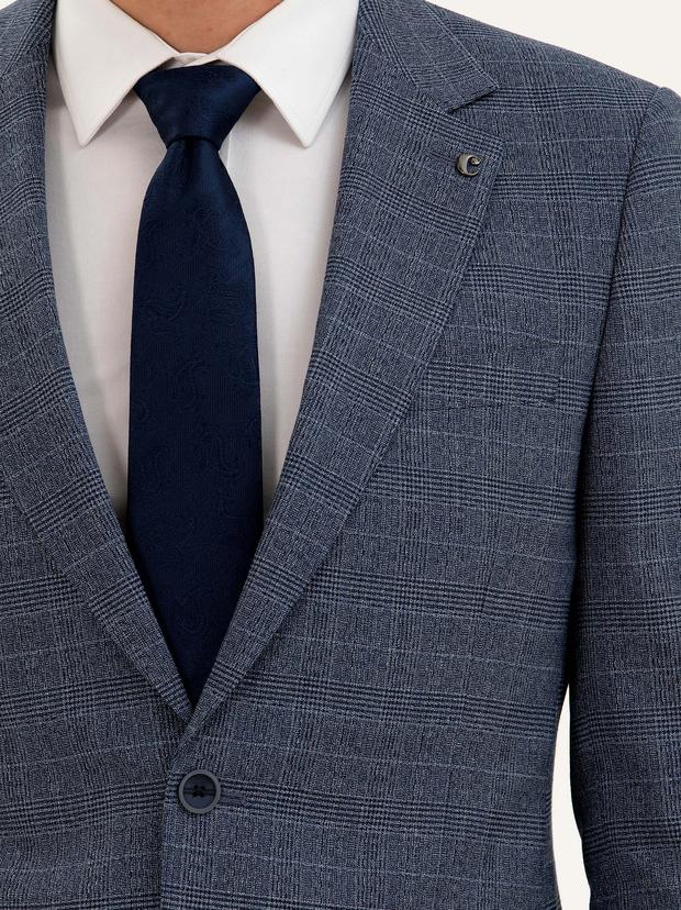 Mavi Slim Fit Ekose Takım Elbise