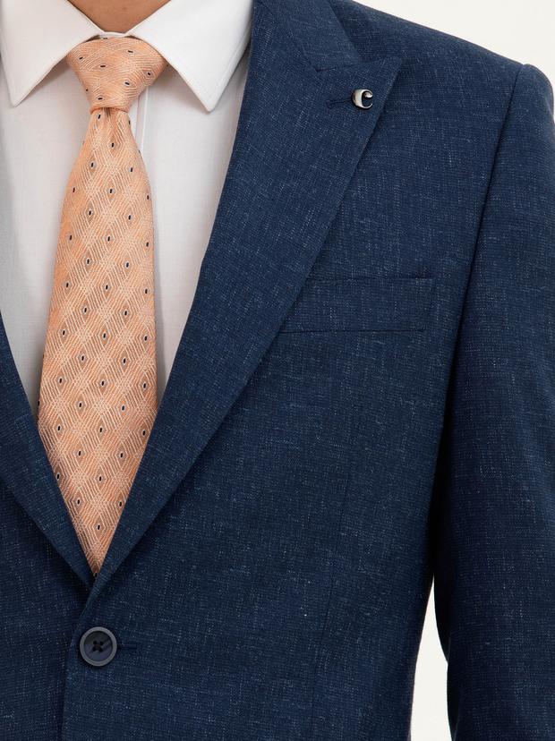 Lacivert Slim Fit Keten Karışımlı Takım Elbise