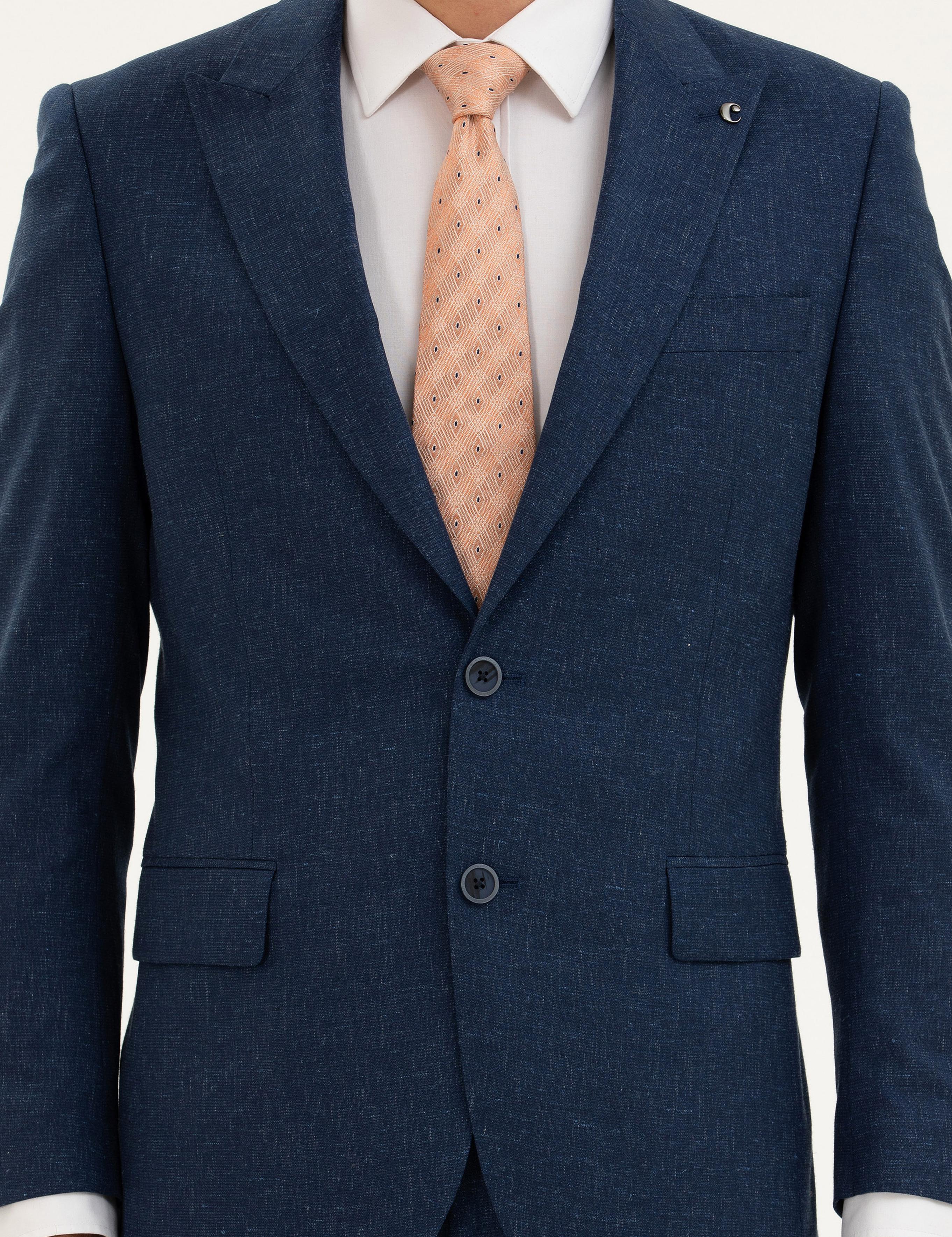 Lacivert Slim Fit Keten Karışımlı Takım Elbise - 50284635014