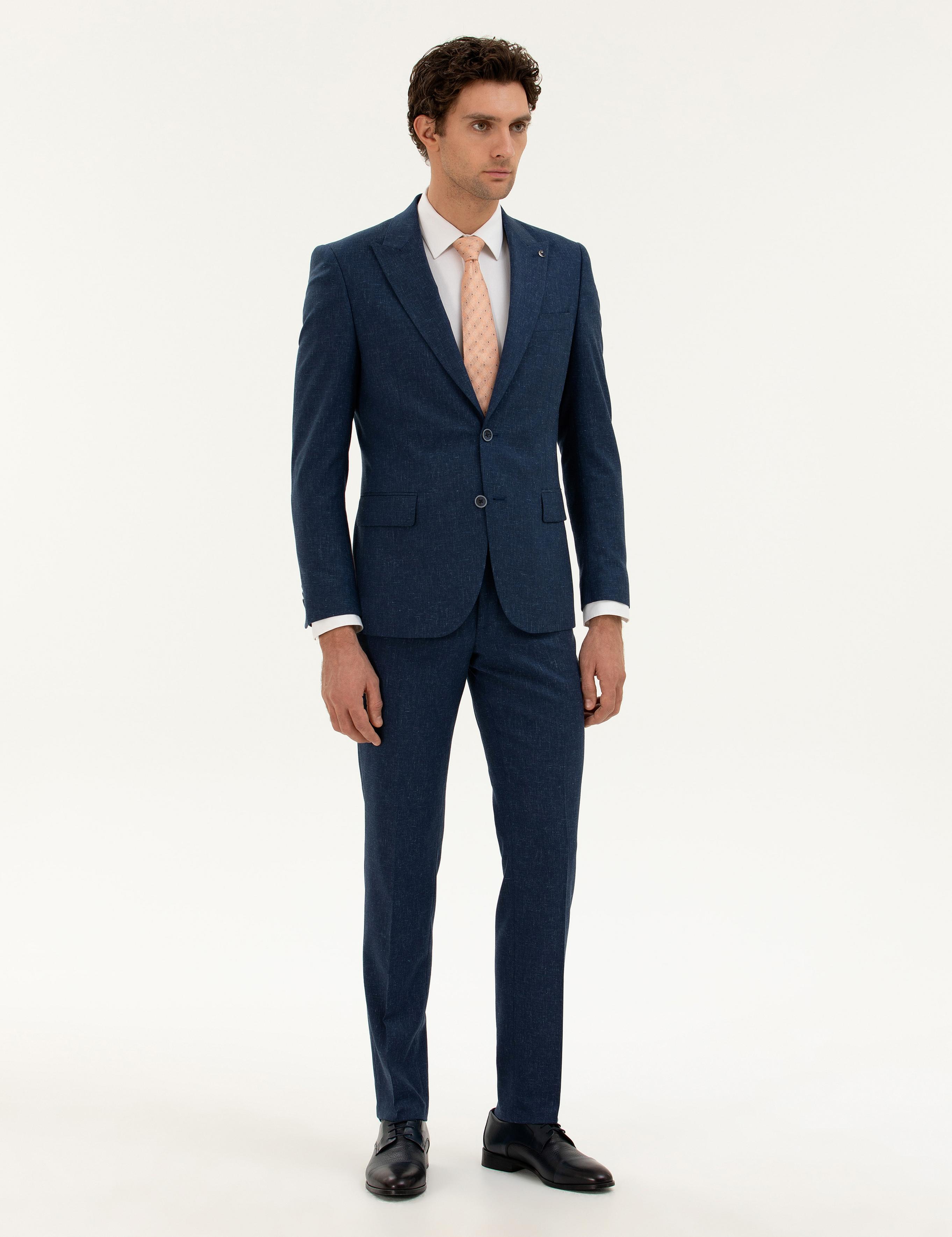 Lacivert Slim Fit Keten Karışımlı Takım Elbise - 50284635014