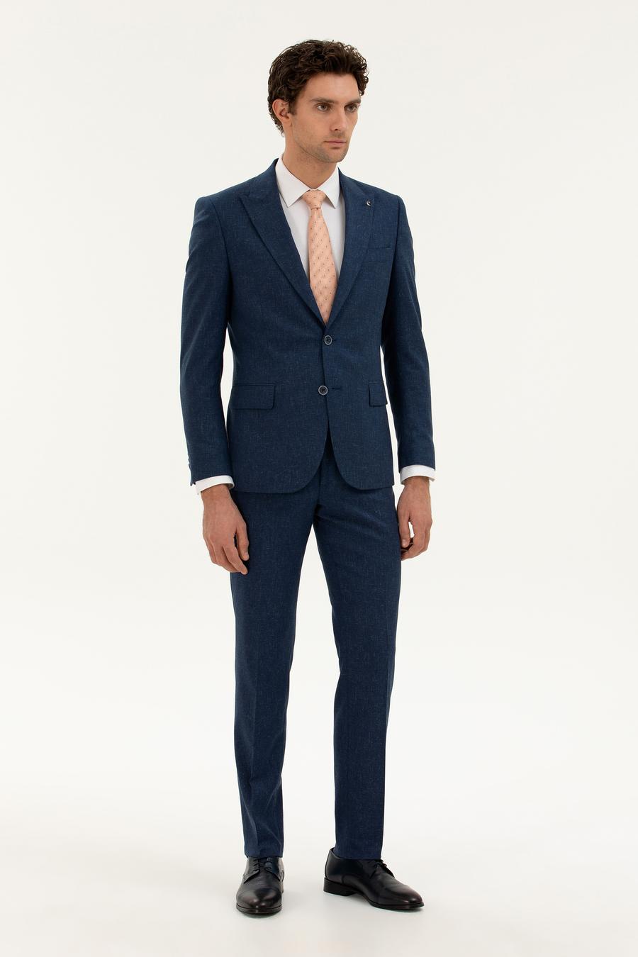 Lacivert Slim Fit Keten Karışımlı Takım Elbise - 50284635014