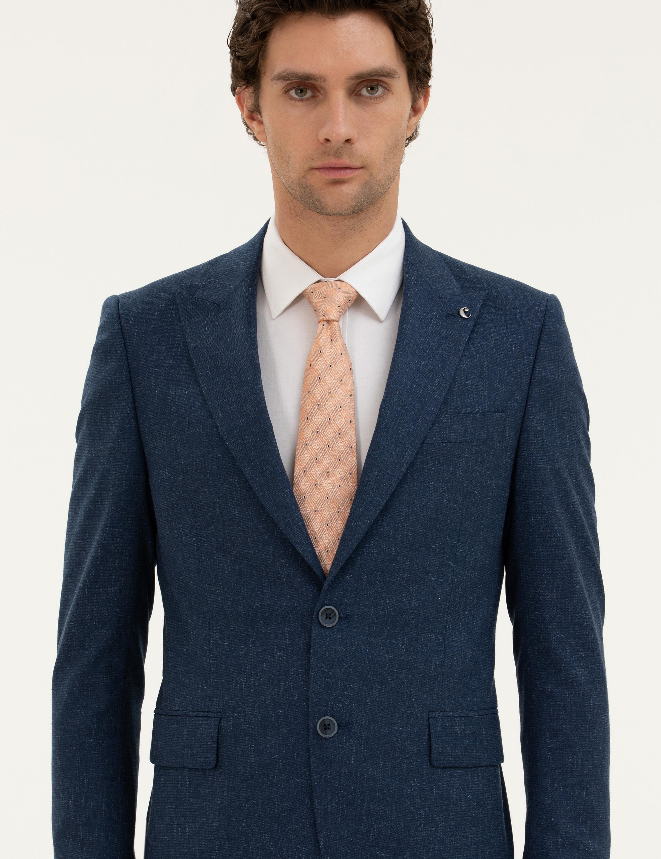 Lacivert Slim Fit Keten Karışımlı Takım Elbise - 50284635014