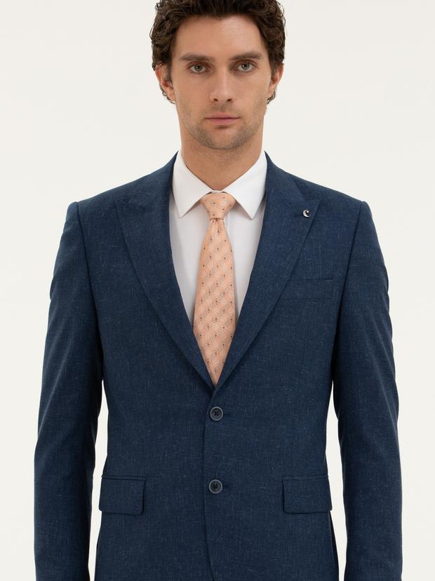 Lacivert Slim Fit Keten Karışımlı Takım Elbise