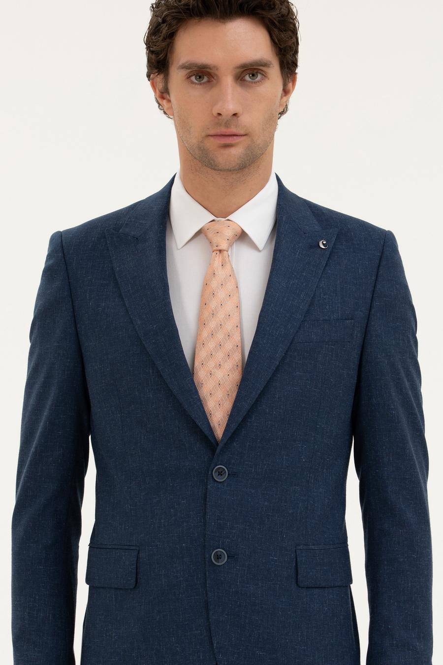 Lacivert Slim Fit Keten Karışımlı Takım Elbise - 50284635014