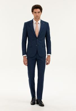 Lacivert Slim Fit Keten Karışımlı Takım Elbise