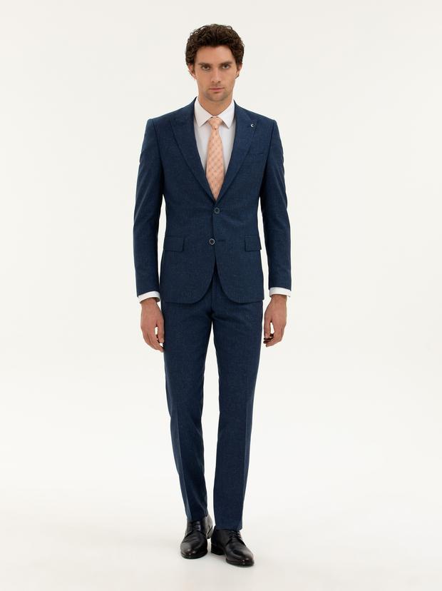 Lacivert Slim Fit Keten Karışımlı Takım Elbise