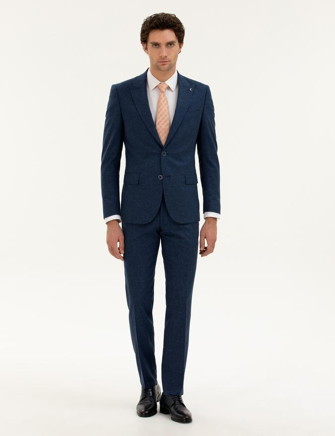 Lacivert Slim Fit Keten Karışımlı Takım Elbise
