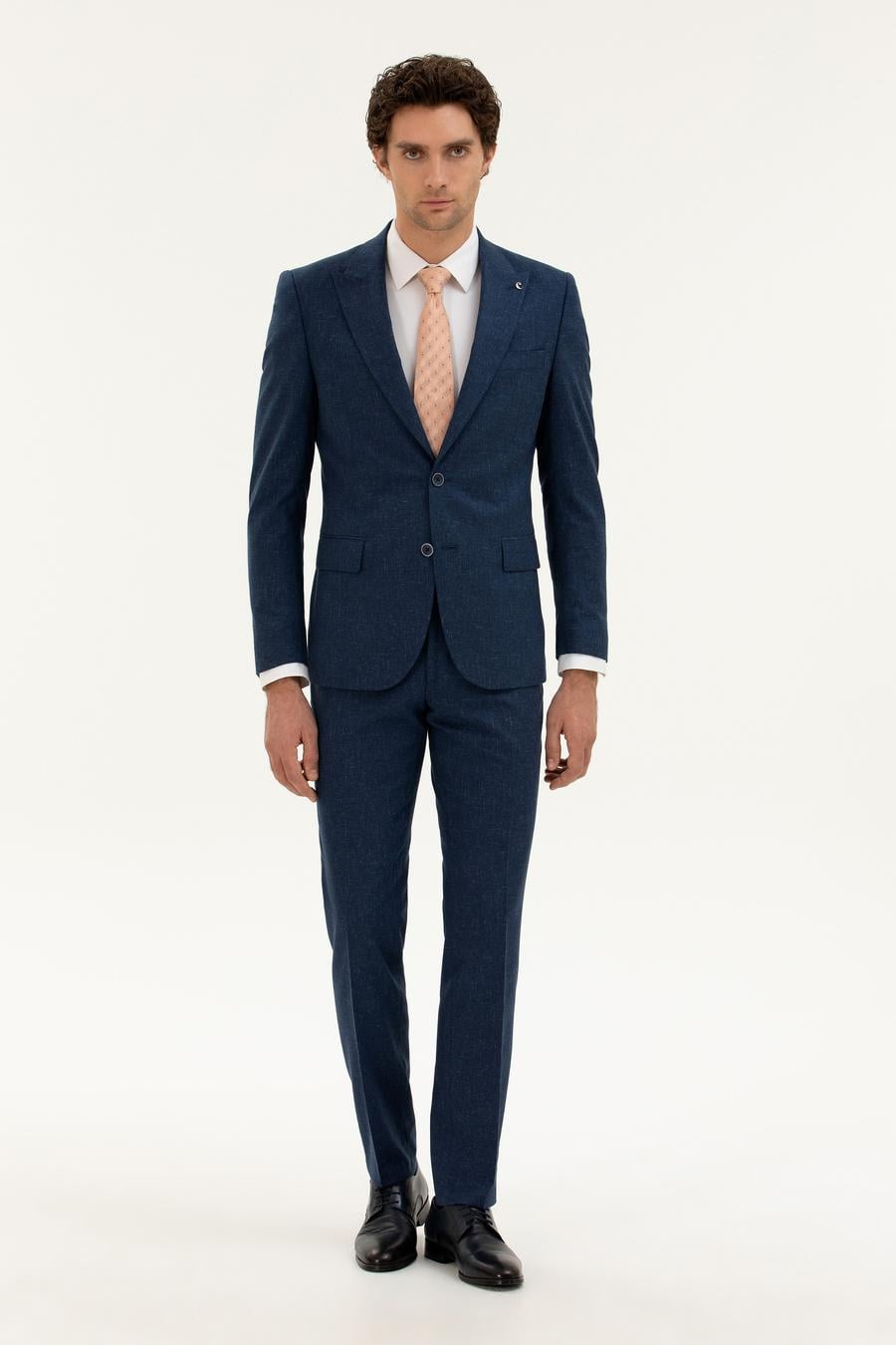 Lacivert Slim Fit Keten Karışımlı Takım Elbise - 50284635014
