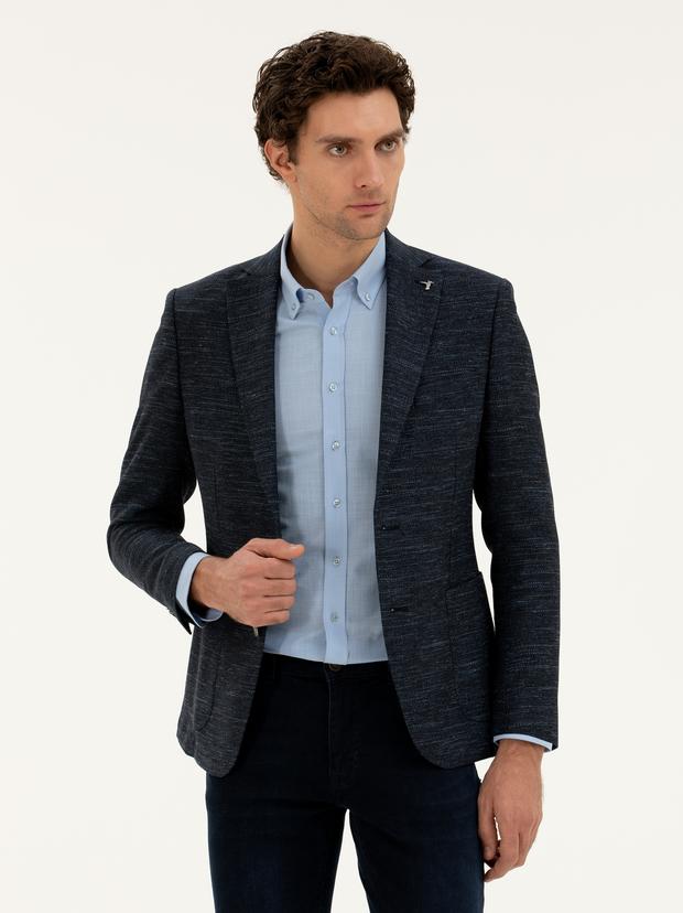 Lacivert Slim Fit Yün Keten Karışımlı Ceket