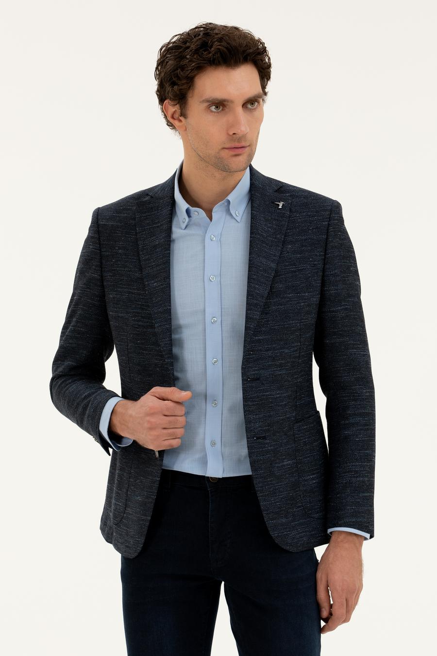 Lacivert Slim Fit Yün Keten Karışımlı Ceket - 50285325020