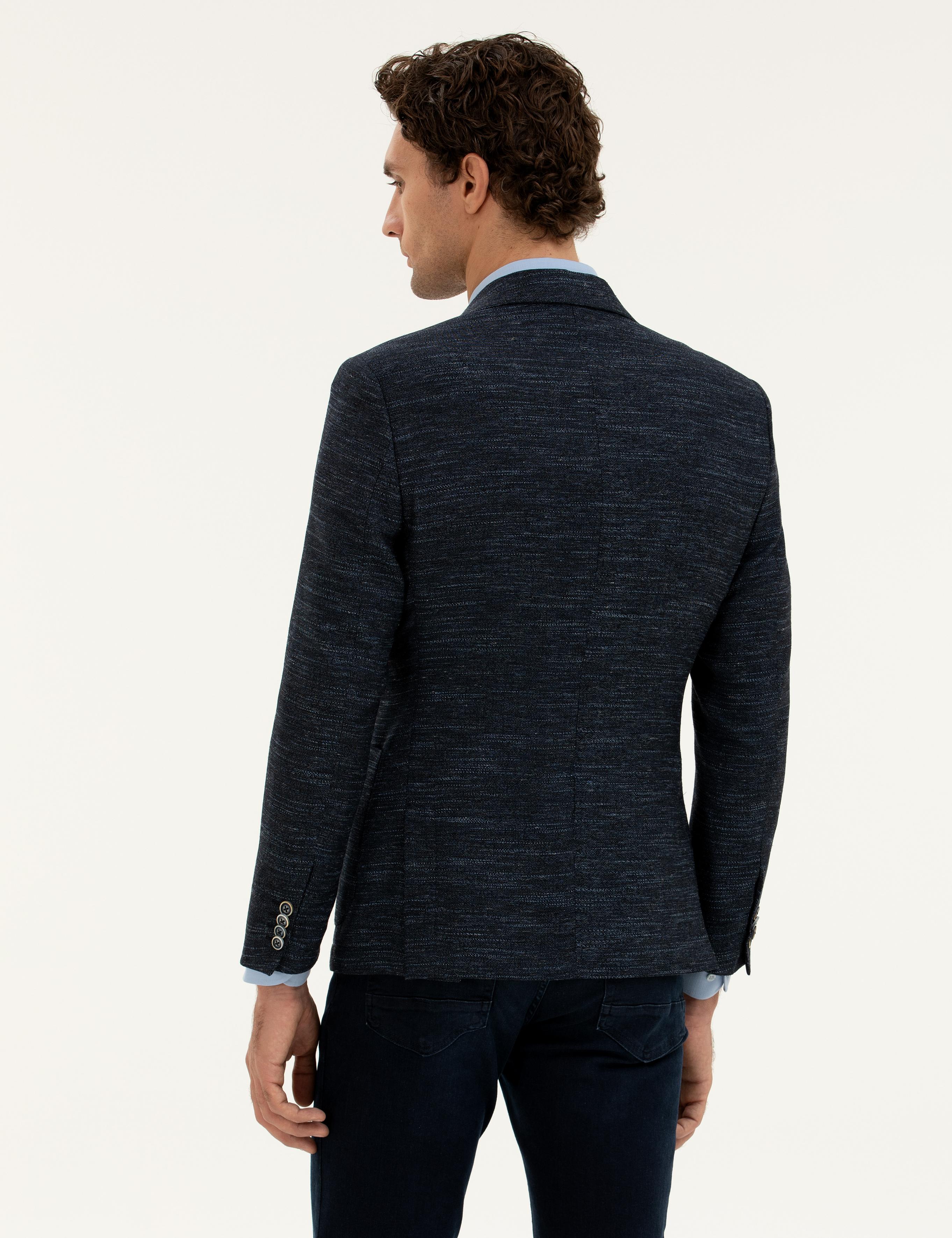 Lacivert Slim Fit Yün Keten Karışımlı Ceket - 50285325020