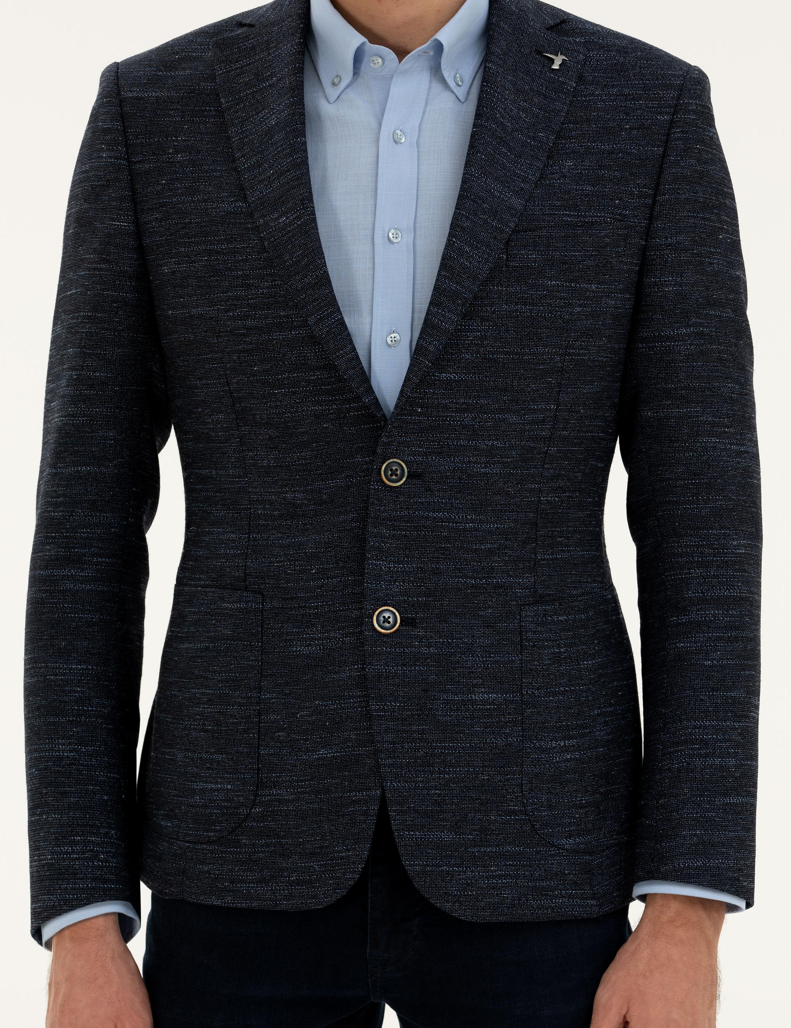 Lacivert Slim Fit Yün Keten Karışımlı Ceket - 50285325020