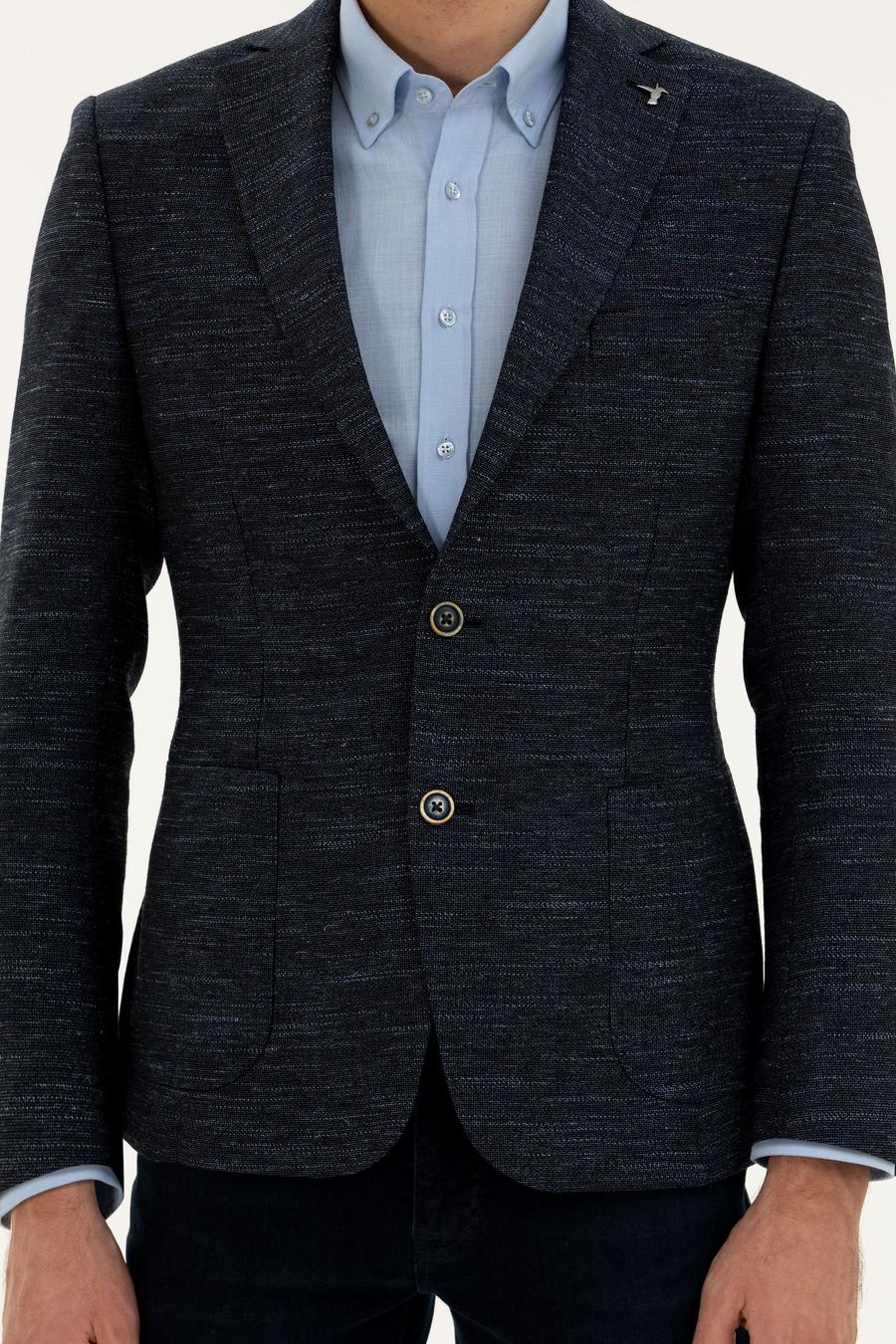 Lacivert Slim Fit Yün Keten Karışımlı Ceket - 50285325020