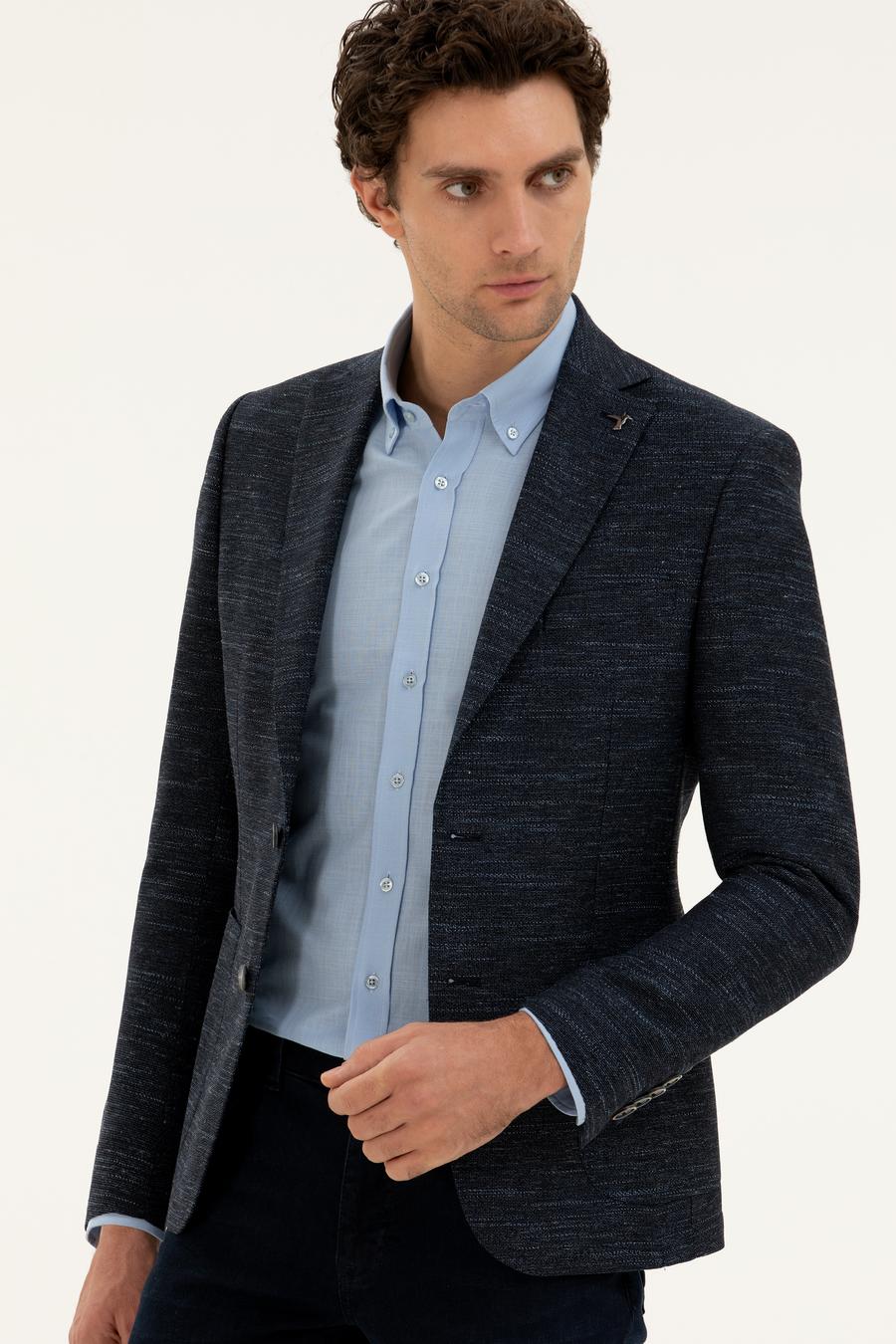 Lacivert Slim Fit Yün Keten Karışımlı Ceket - 50285325020