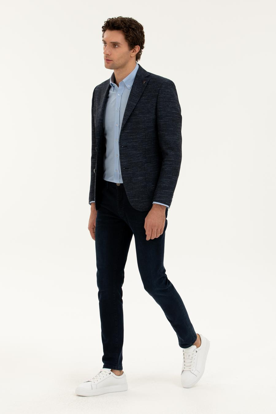 Lacivert Slim Fit Yün Keten Karışımlı Ceket - 50285325020