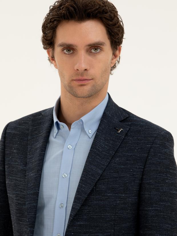 Lacivert Slim Fit Yün Keten Karışımlı Ceket