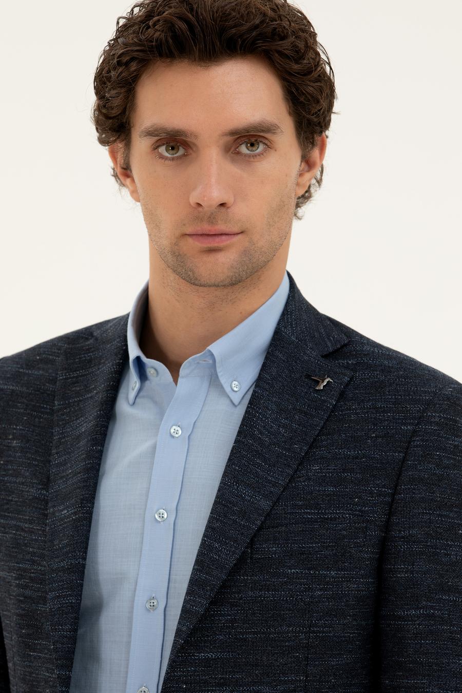 Lacivert Slim Fit Yün Keten Karışımlı Ceket - 50285325020
