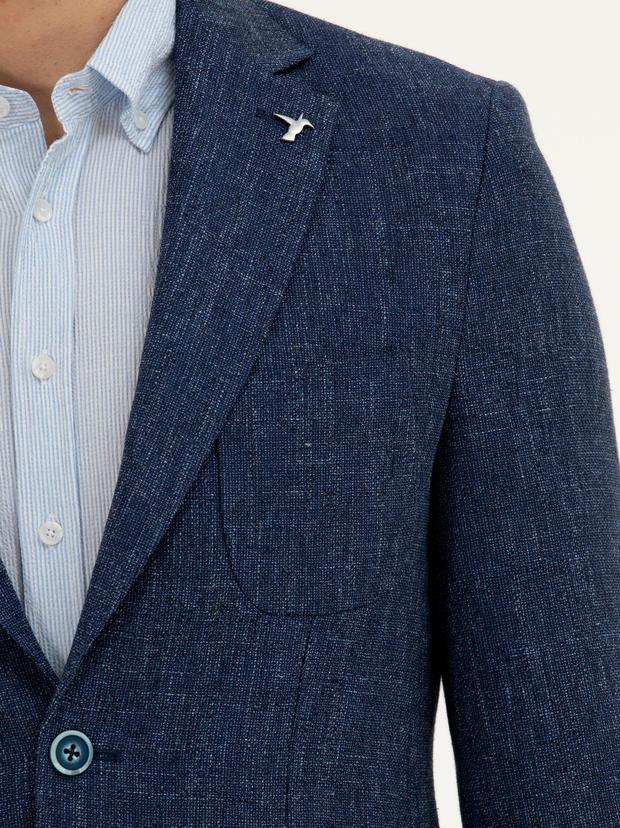 Lacivert Slim Fit Yün Keten Karışımlı Ceket