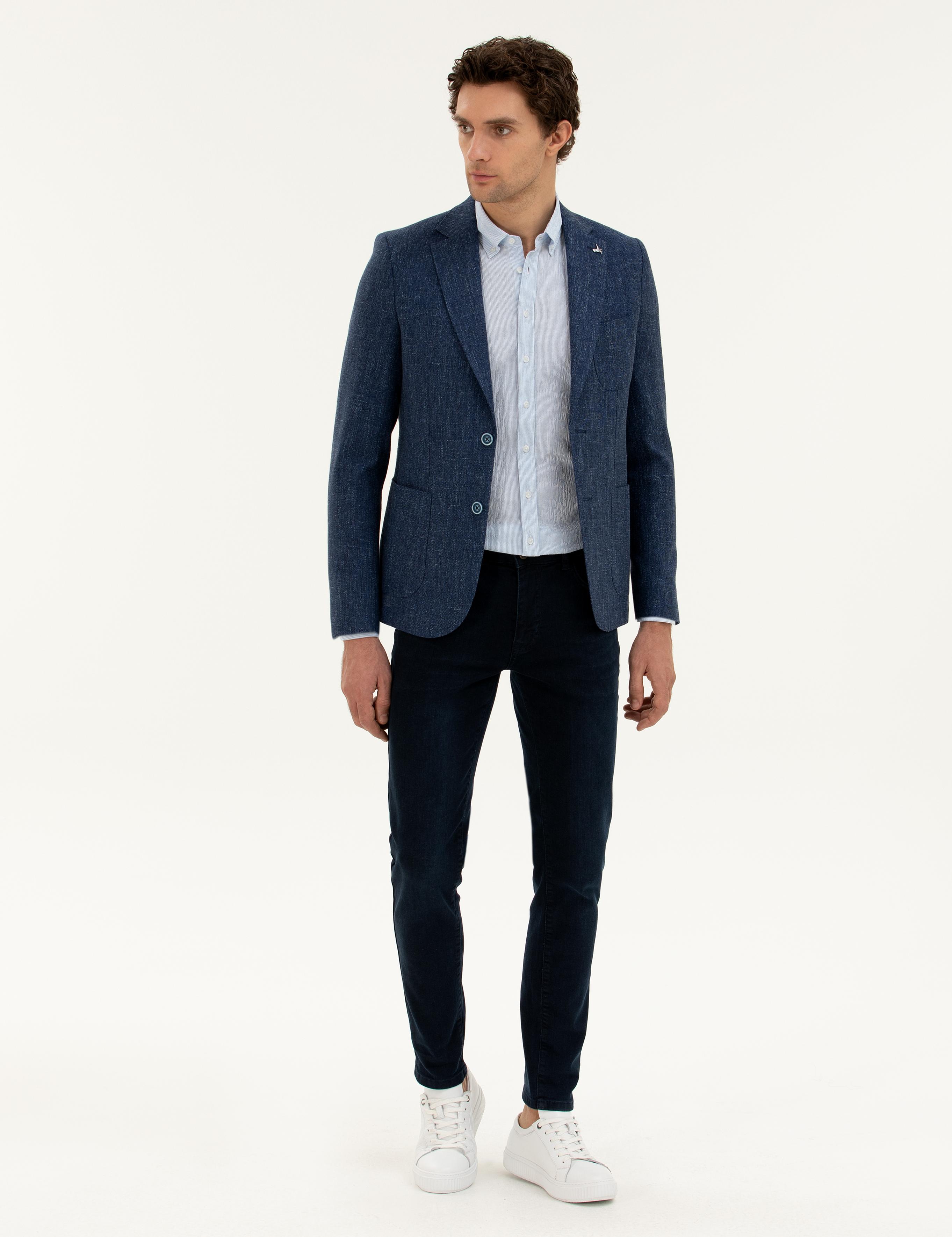 Lacivert Slim Fit Yün Keten Karışımlı Ceket - 50285324020