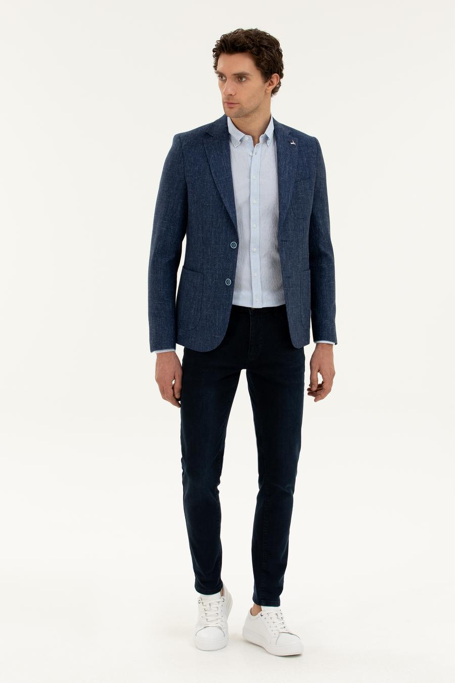 Lacivert Slim Fit Yün Keten Karışımlı Ceket - 50285324020