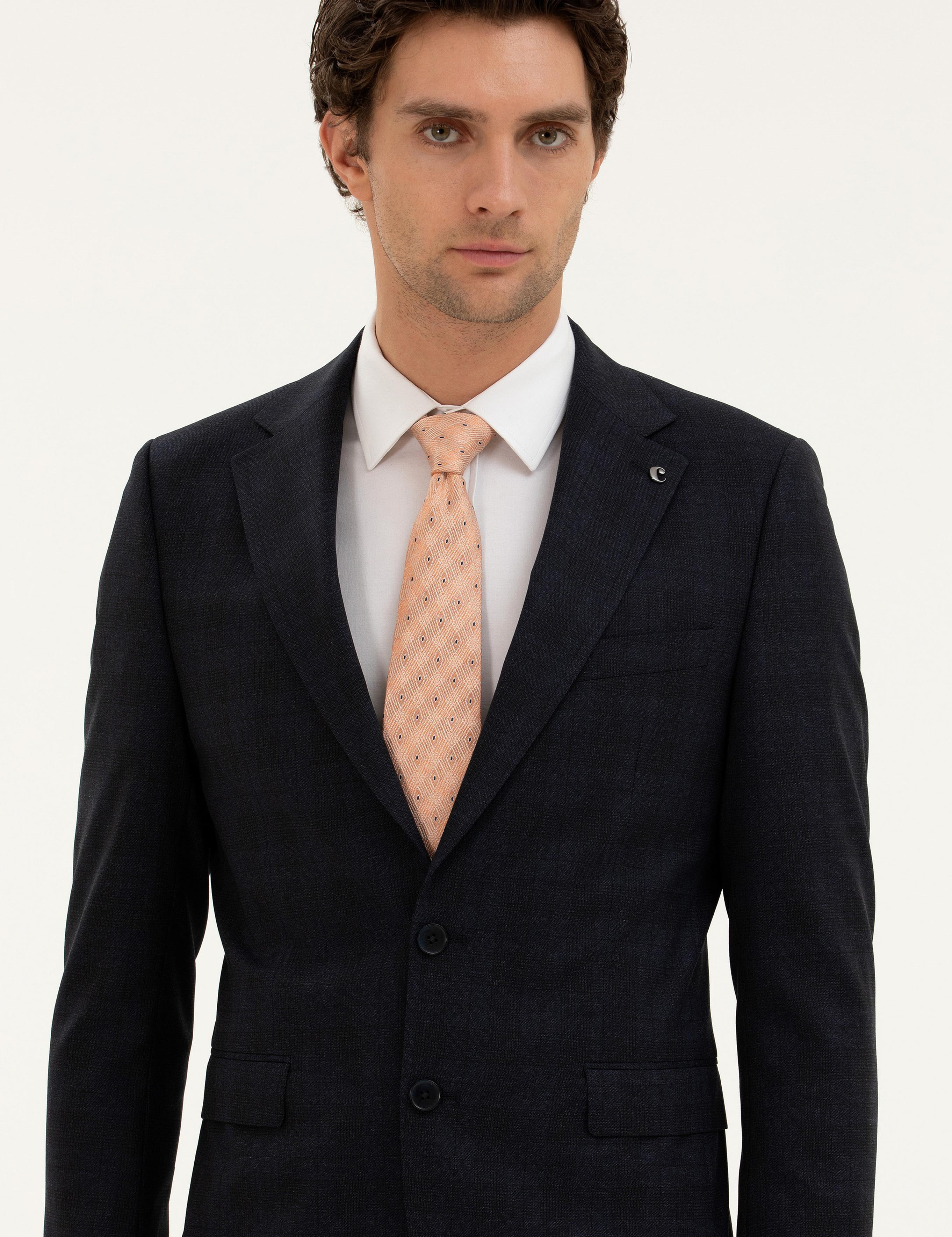 Lacivert Slim Fit Yün Karışımlı Mikro Desenli Takım Elbise - 50277983044